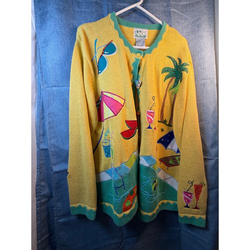 Quacker Factory Cardigan L Beach Vacation Embellished Coastal Grandma Vintage - Picture 3 of 14